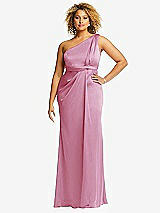 Front View Thumbnail - Powder Pink One-Shoulder Draped Twist Empire Waist Trumpet Gown