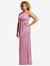 Side View Thumbnail - Powder Pink One-Shoulder Draped Twist Empire Waist Trumpet Gown