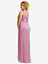 Rear View Thumbnail - Powder Pink One-Shoulder Draped Twist Empire Waist Trumpet Gown