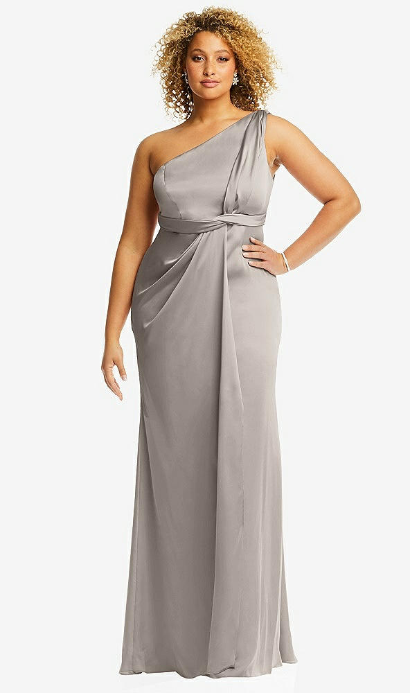 Front View - Taupe One-Shoulder Draped Twist Empire Waist Trumpet Gown
