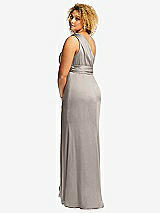 Rear View Thumbnail - Taupe One-Shoulder Draped Twist Empire Waist Trumpet Gown