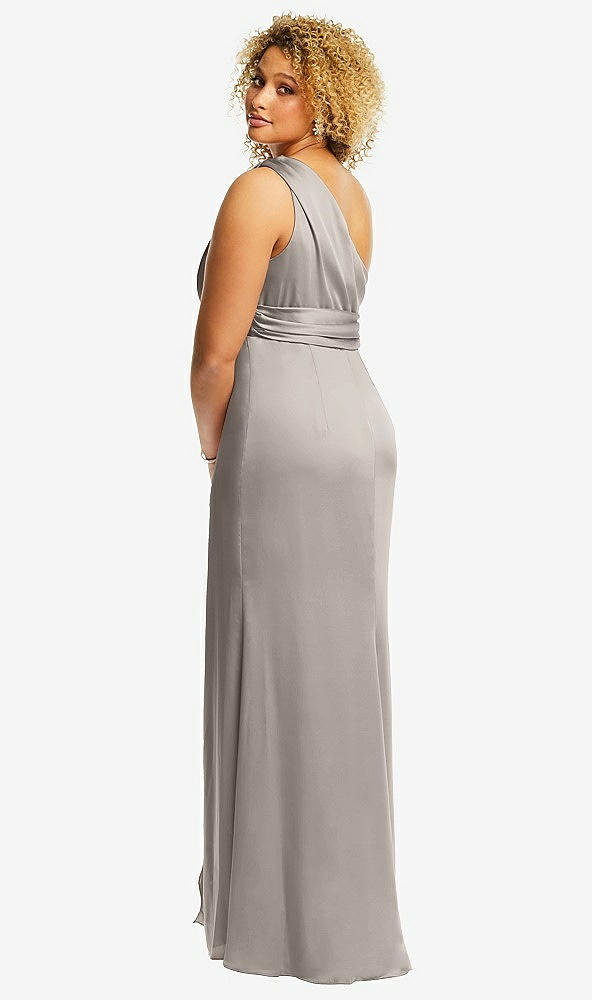 Back View - Taupe One-Shoulder Draped Twist Empire Waist Trumpet Gown