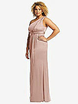 Side View Thumbnail - Toasted Sugar One-Shoulder Draped Twist Empire Waist Trumpet Gown