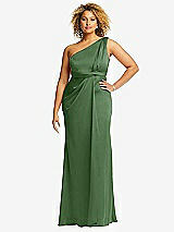 Front View Thumbnail - Vineyard Green One-Shoulder Draped Twist Empire Waist Trumpet Gown