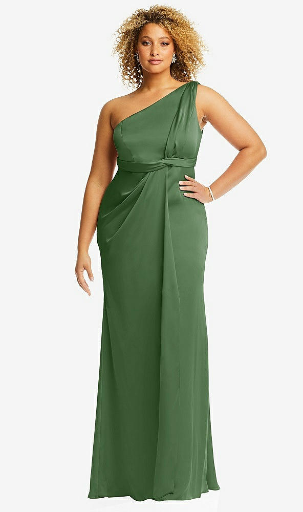 Front View - Vineyard Green One-Shoulder Draped Twist Empire Waist Trumpet Gown