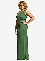 Side View Thumbnail - Vineyard Green One-Shoulder Draped Twist Empire Waist Trumpet Gown