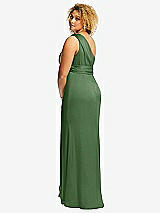 Rear View Thumbnail - Vineyard Green One-Shoulder Draped Twist Empire Waist Trumpet Gown