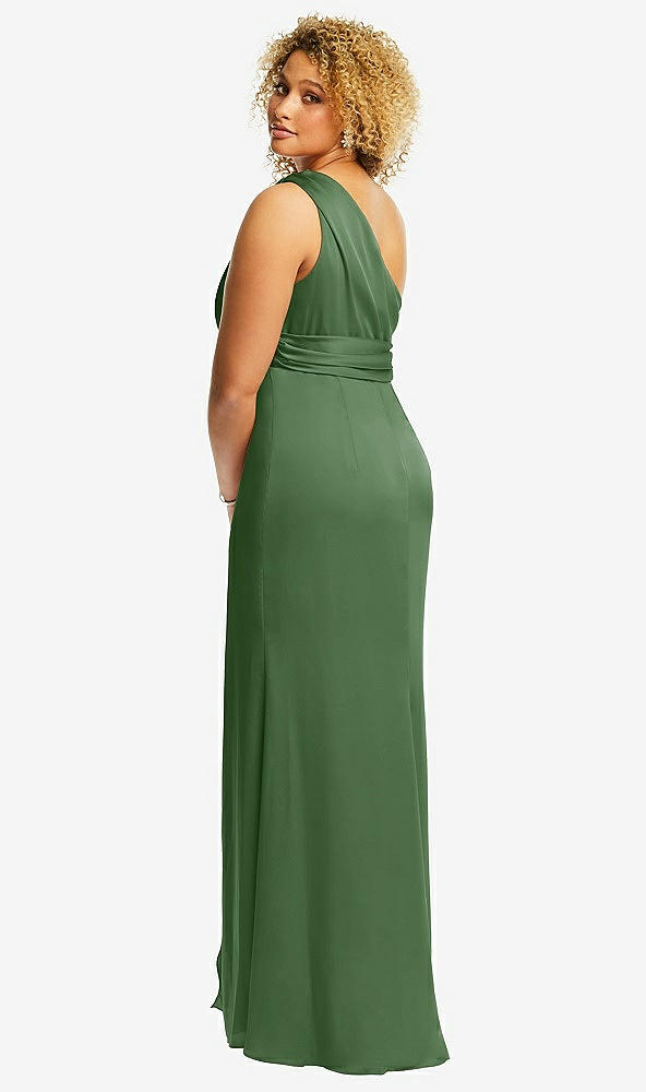 Back View - Vineyard Green One-Shoulder Draped Twist Empire Waist Trumpet Gown