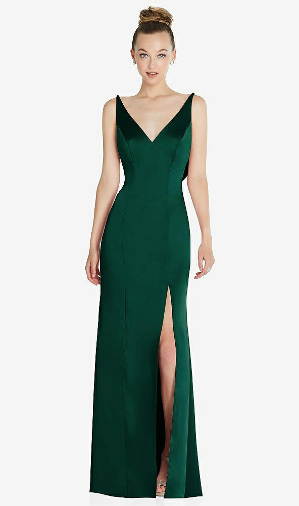 Back View - Hunter Green Draped Cowl-Back Princess Line Dress with Front Slit