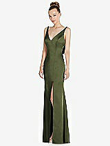 Alt View 1 Thumbnail - Olive Green Draped Cowl-Back Princess Line Dress with Front Slit