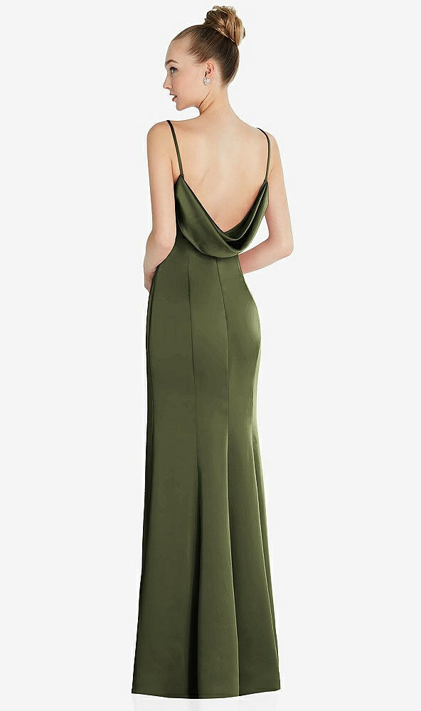 Front View - Olive Green Draped Cowl-Back Princess Line Dress with Front Slit