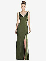 Rear View Thumbnail - Olive Green Draped Cowl-Back Princess Line Dress with Front Slit