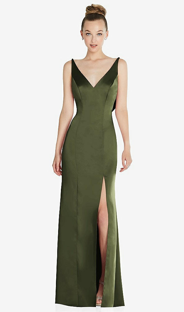 Back View - Olive Green Draped Cowl-Back Princess Line Dress with Front Slit