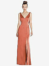 Rear View Thumbnail - Terracotta Copper Draped Cowl-Back Princess Line Dress with Front Slit