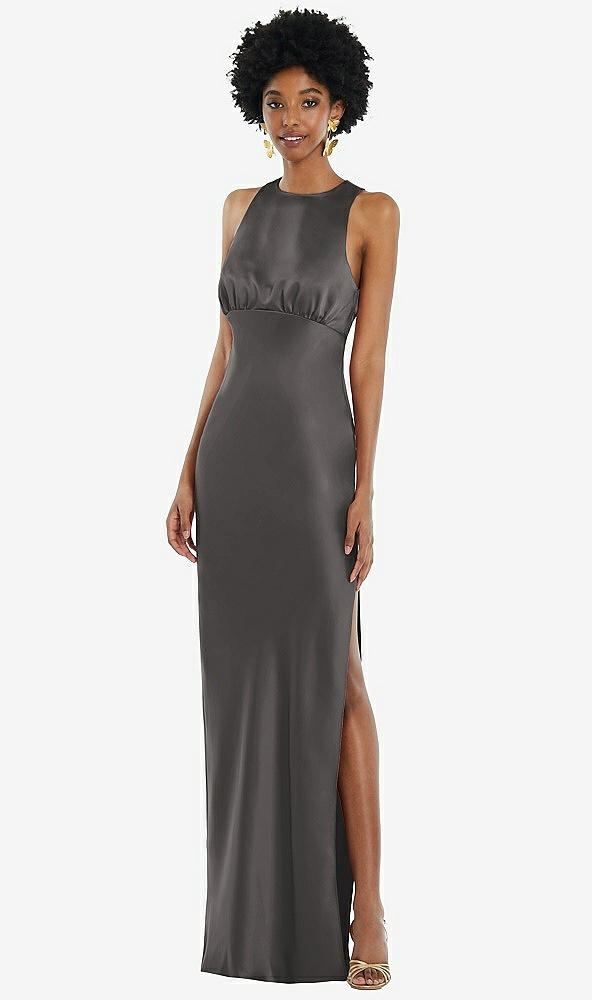 Front View - Caviar Gray Jewel Neck Sleeveless Maxi Dress with Bias Skirt