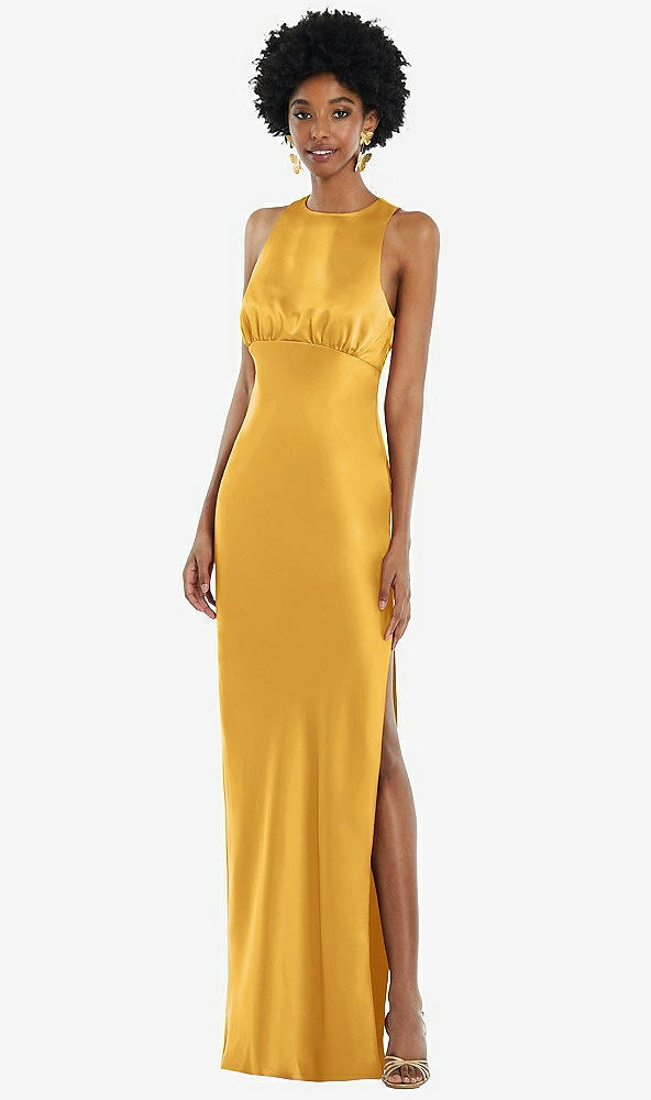 Front View - NYC Yellow Jewel Neck Sleeveless Maxi Dress with Bias Skirt