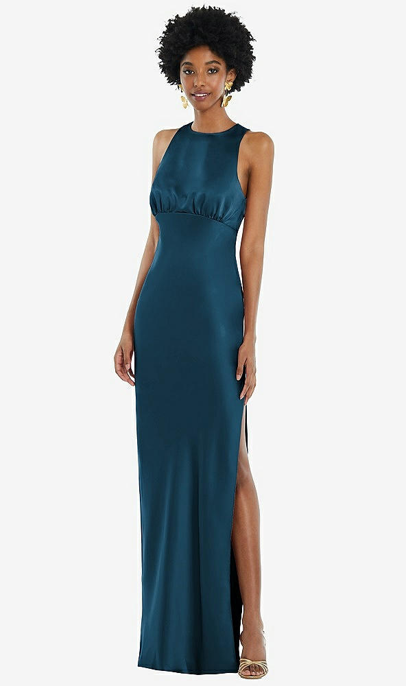 Front View - Atlantic Blue Jewel Neck Sleeveless Maxi Dress with Bias Skirt