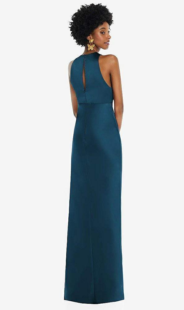 Back View - Atlantic Blue Jewel Neck Sleeveless Maxi Dress with Bias Skirt