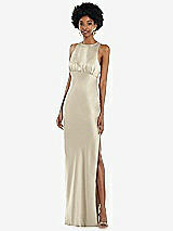 Front View Thumbnail - Champagne Jewel Neck Sleeveless Maxi Dress with Bias Skirt