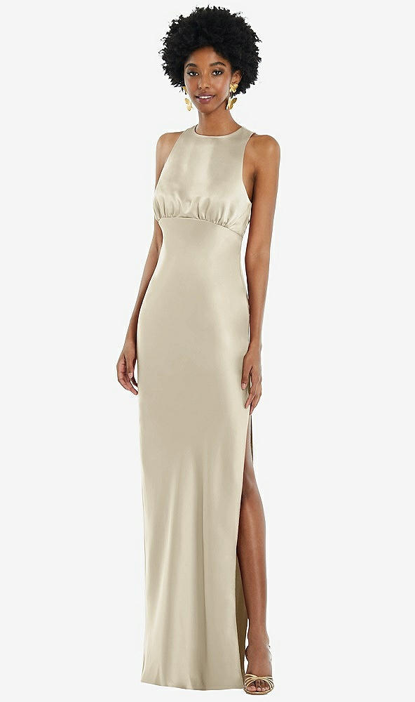 Front View - Champagne Jewel Neck Sleeveless Maxi Dress with Bias Skirt