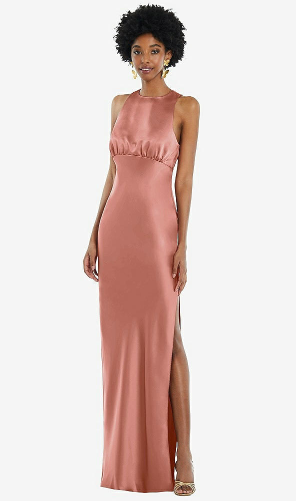 Front View - Desert Rose Jewel Neck Sleeveless Maxi Dress with Bias Skirt