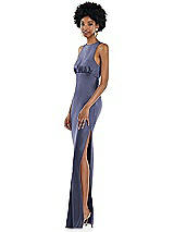 Side View Thumbnail - French Blue Jewel Neck Sleeveless Maxi Dress with Bias Skirt