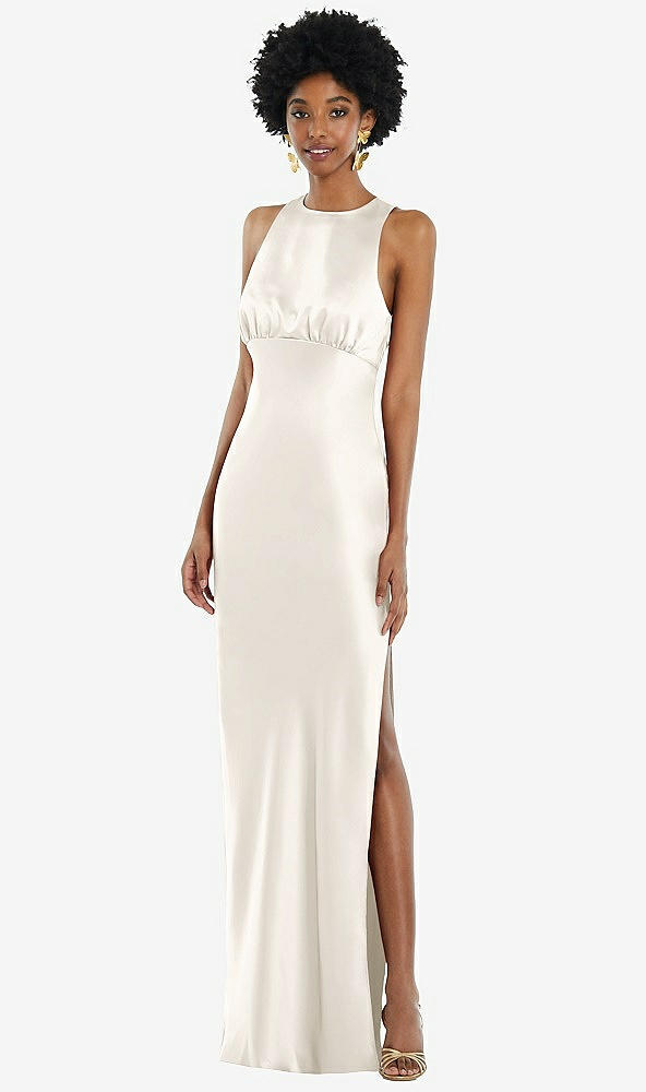 Front View - Ivory Jewel Neck Sleeveless Maxi Dress with Bias Skirt