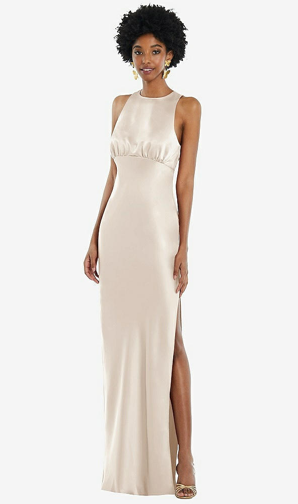 Front View - Oat Jewel Neck Sleeveless Maxi Dress with Bias Skirt