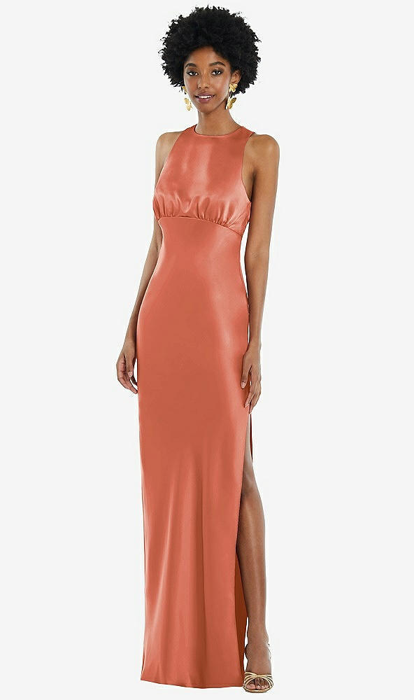 Front View - Terracotta Copper Jewel Neck Sleeveless Maxi Dress with Bias Skirt
