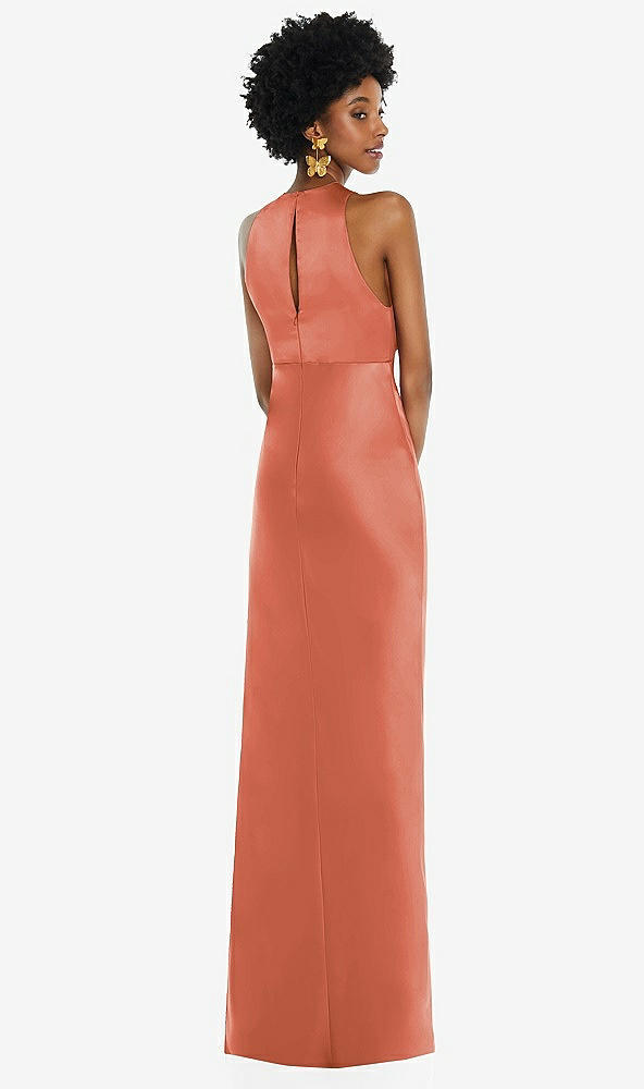 Back View - Terracotta Copper Jewel Neck Sleeveless Maxi Dress with Bias Skirt