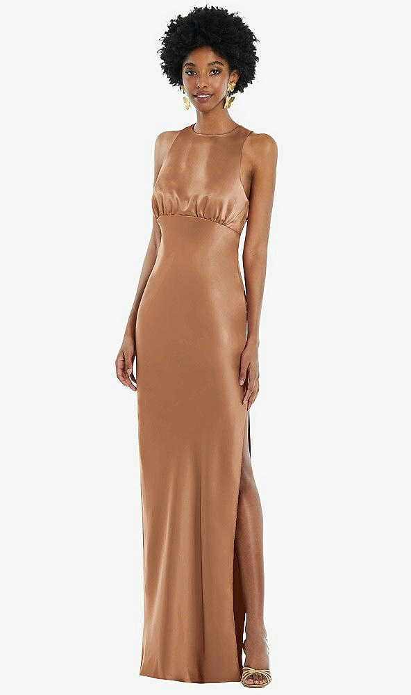 Front View - Toffee Jewel Neck Sleeveless Maxi Dress with Bias Skirt