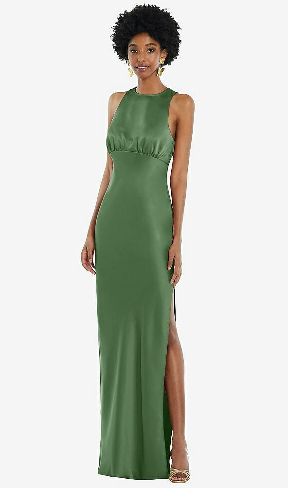 Front View - Vineyard Green Jewel Neck Sleeveless Maxi Dress with Bias Skirt