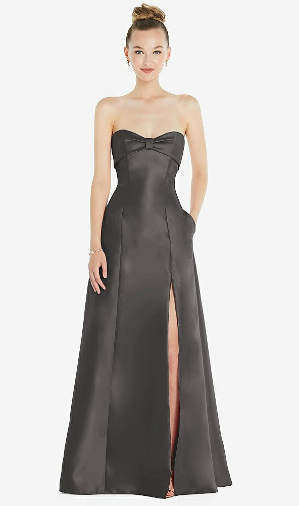 Front View - Caviar Gray Bow Cuff Strapless Satin Ball Gown with Pockets