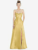 Front View Thumbnail - Maize Bow Cuff Strapless Satin Ball Gown with Pockets