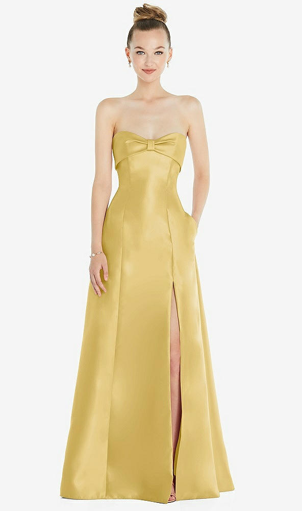 Front View - Maize Bow Cuff Strapless Satin Ball Gown with Pockets