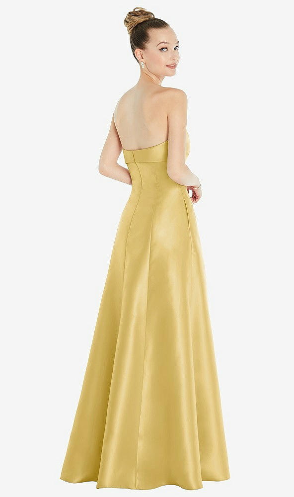 Back View - Maize Bow Cuff Strapless Satin Ball Gown with Pockets