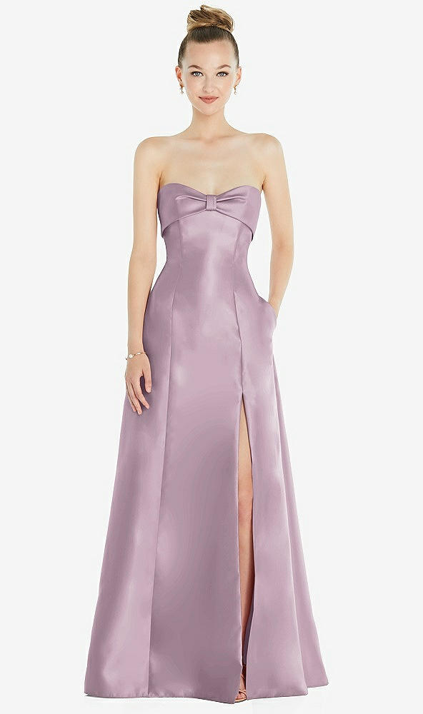 Front View - Suede Rose Bow Cuff Strapless Satin Ball Gown with Pockets