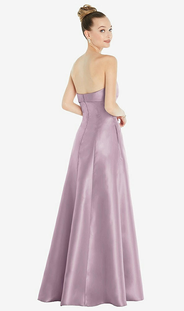 Back View - Suede Rose Bow Cuff Strapless Satin Ball Gown with Pockets