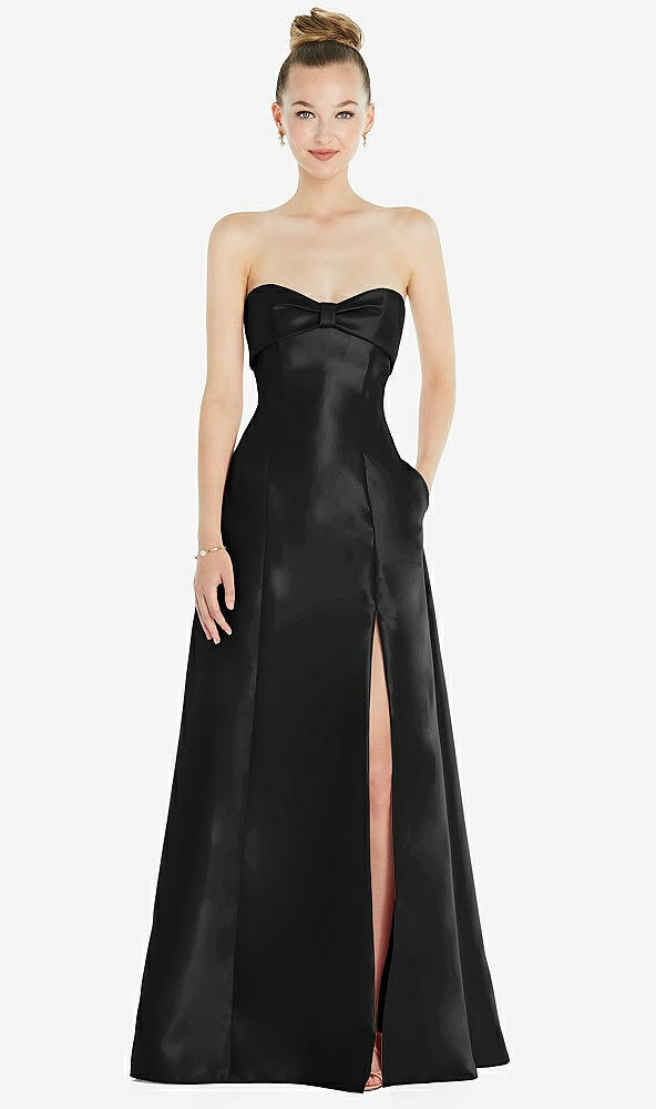Front View - Black Bow Cuff Strapless Satin Ball Gown with Pockets