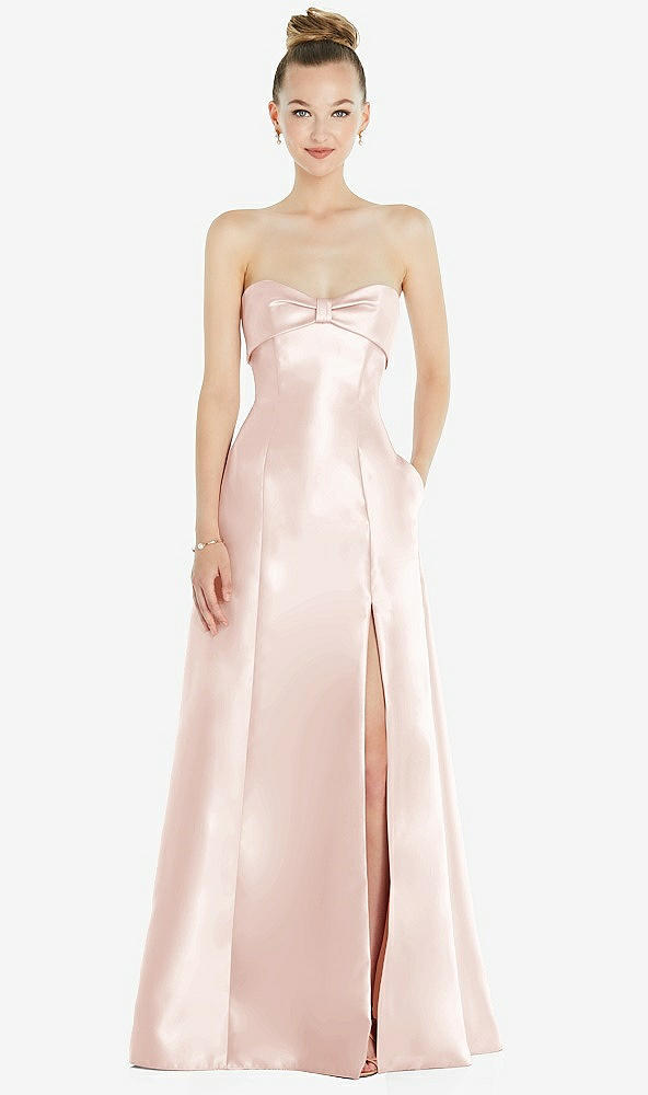 Front View - Blush Bow Cuff Strapless Satin Ball Gown with Pockets