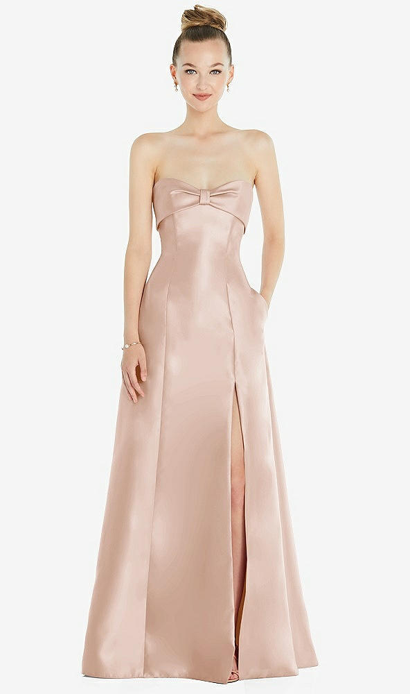 Front View - Cameo Bow Cuff Strapless Satin Ball Gown with Pockets