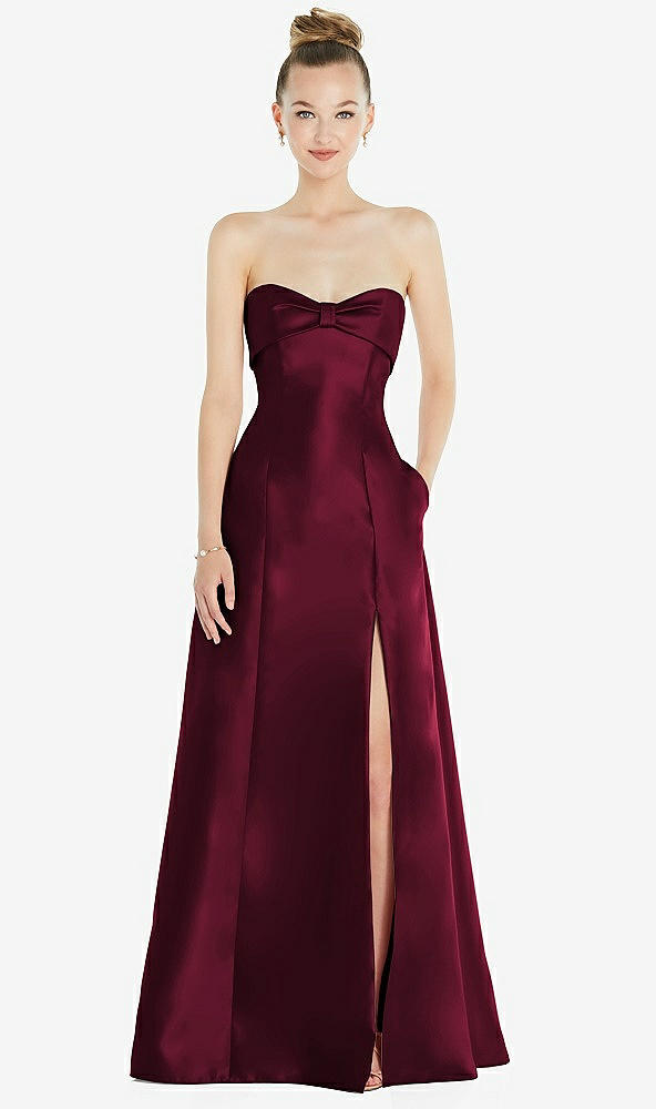 Front View - Cabernet Bow Cuff Strapless Satin Ball Gown with Pockets