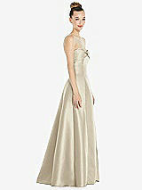 Side View Thumbnail - Champagne Bow Cuff Strapless Satin Ball Gown with Pockets