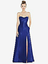 Front View Thumbnail - Cobalt Blue Bow Cuff Strapless Satin Ball Gown with Pockets