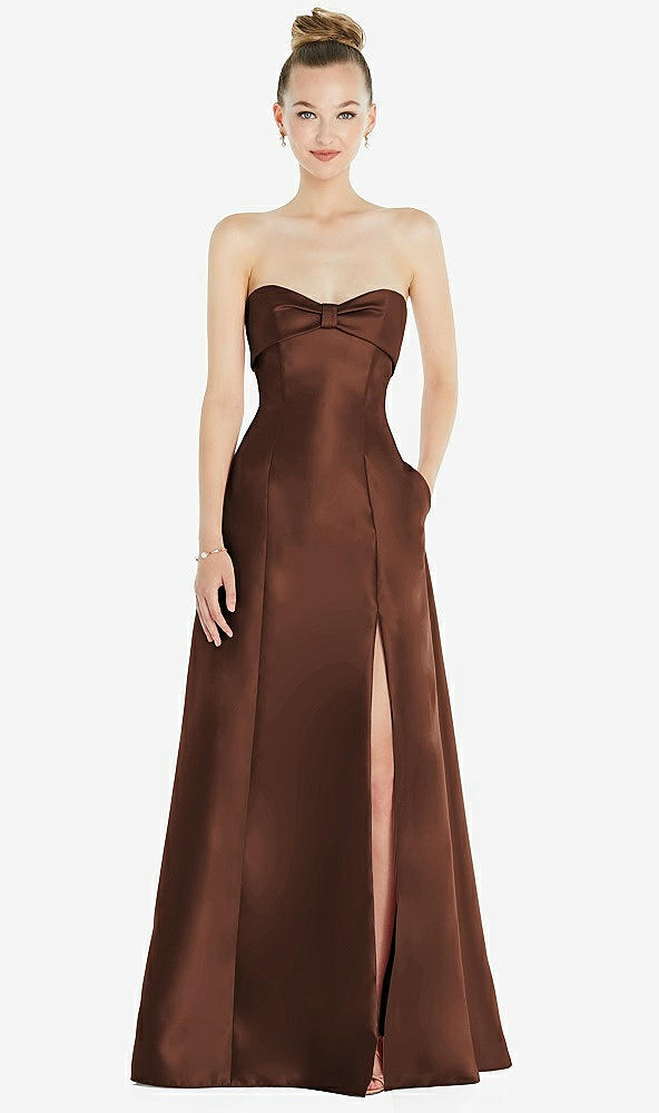 Front View - Cognac Bow Cuff Strapless Satin Ball Gown with Pockets