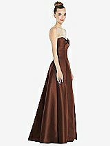 Side View Thumbnail - Cognac Bow Cuff Strapless Satin Ball Gown with Pockets