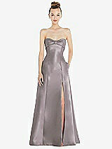 Front View Thumbnail - Cashmere Gray Bow Cuff Strapless Satin Ball Gown with Pockets