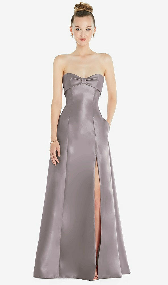 Front View - Cashmere Gray Bow Cuff Strapless Satin Ball Gown with Pockets