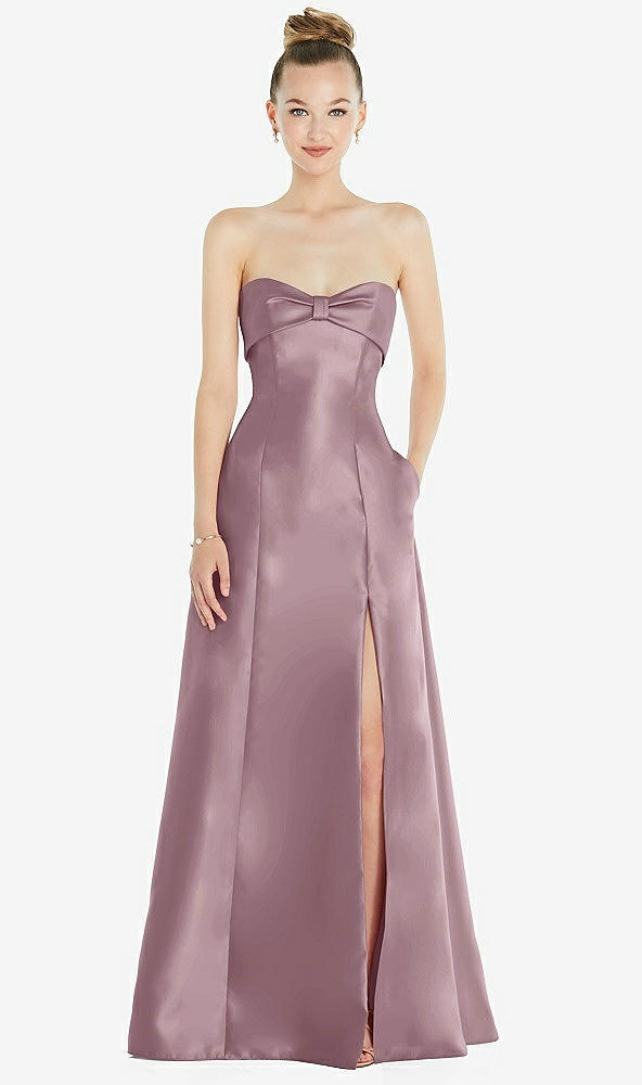 Front View - Dusty Rose Bow Cuff Strapless Satin Ball Gown with Pockets