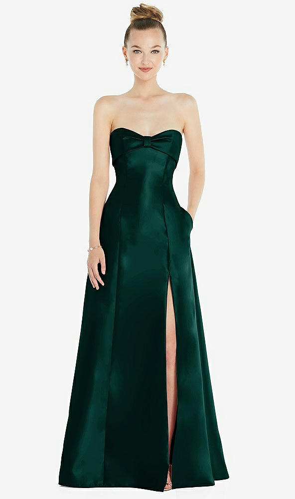Front View - Evergreen Bow Cuff Strapless Satin Ball Gown with Pockets